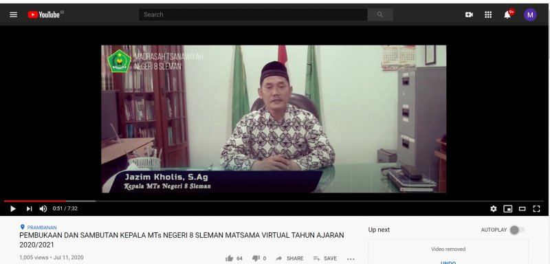 Kepala MTsN 8 Sleman Buka Matsama Virtual Melalui Streaming Youtube