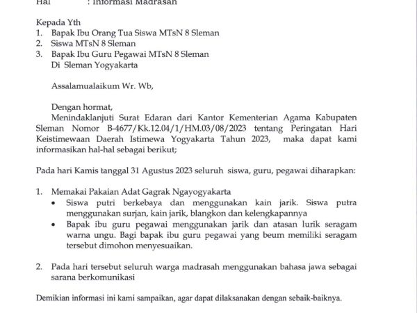 Edaran Hari Keistimewan D.I. Yogyakarta 31 Agustus 2023